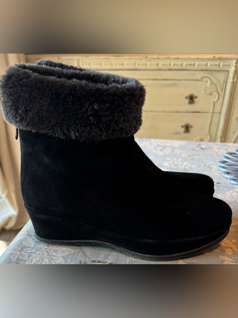 Stuart Weitzman Black Suede Ankle Boot with Shearling Cuff